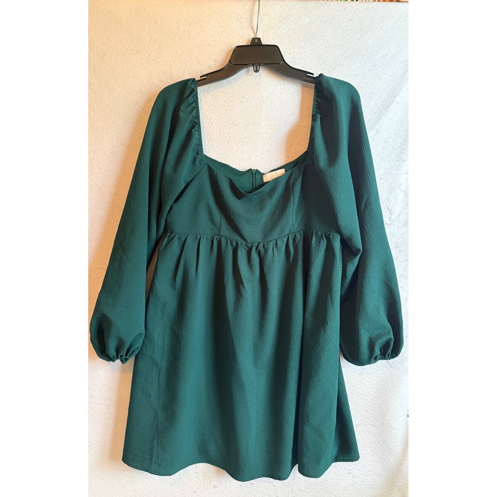Altar'd State Forest Green Square Neck Puff Sleeve Babydoll Mini Dress Large
